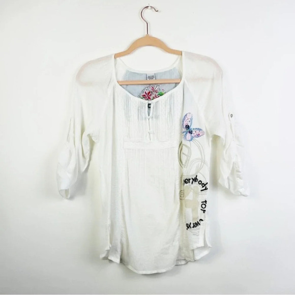 Desigual White‎ Boho Embroidered Top Size Small - Picture 1 of 8